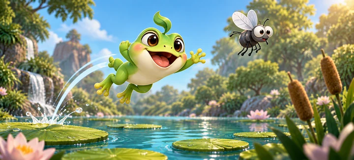 Galipon springt vergnügt auf eine kleine Fliege zu.