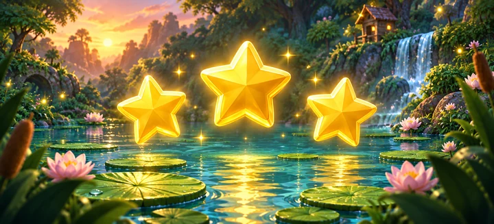 Drei goldene Sterne funkeln über dem Teich.